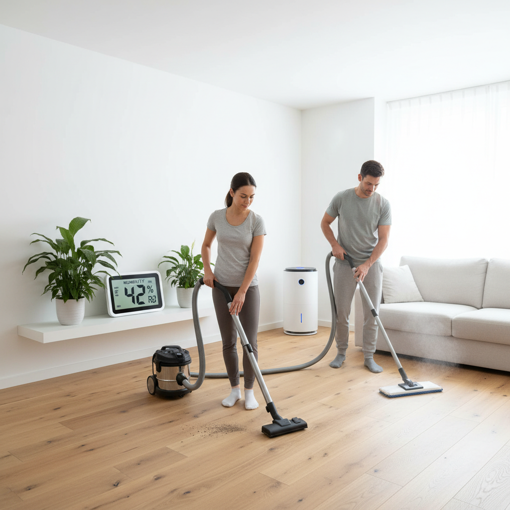 A bright, clean, and organized home scene depicting various elements of a holistic allergy-proof ecosystem. Show a digital hygrometer clearly displaying a humidity reading below 50% on a shelf. In the background, a modern, sleek dehumidifier is subtly visible. In the foreground, a person is efficiently using a HEPA-filtered vacuum cleaner on a hard floor, while another person is using a vapor steam cleaner nearby. The overall mood is calm, efficient, and emphasizes a healthy living environment.
