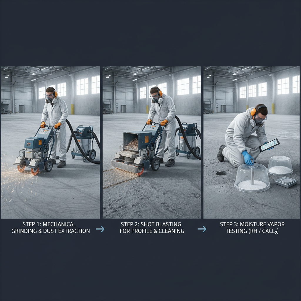 A dynamic, multi-step illustration demonstrating critical substrate preparation for durable floor coating installation. The scene shows a concrete slab undergoing a sequence of actions: first, a worker using a diamond grinder to profile the surface; second, a shot-blasting machine creating a rougher texture; and third, a technician conducting a calcium chloride or RH probe test for moisture vapor transmission. The background emphasizes a clean, dust-free environment.