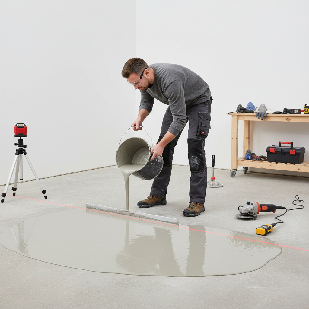Professional flooring installer meticulously preparing a subfloor with self-leveling compound and a laser level, emphasizing precise subfloor preparation for long-lasting flooring.