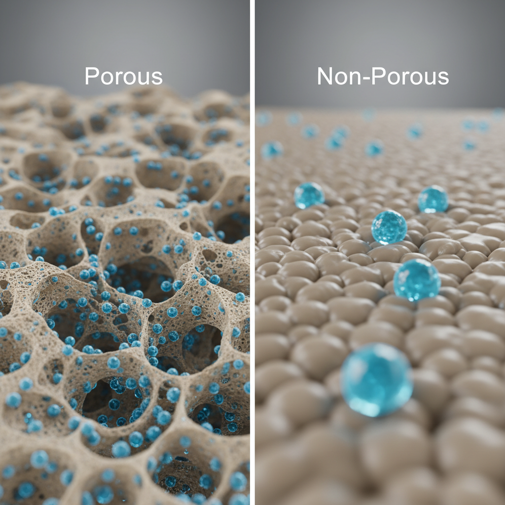 A microscopic 3D render illustrating porous material with channels absorbing liquid on the left, and non-porous material with a tightly packed structure causing liquid to bead on the right.