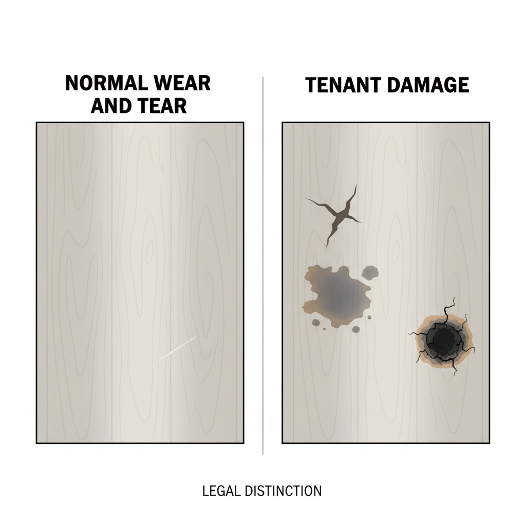 A clear, conceptual illustration with two distinct panels or a visual scale. Left panel (or one side of scale): 'Normal Wear and Tear' showing subtle, minor imperfections like slight fading, a faint scuff mark, or gentle dulling in a high-traffic path on a floor. Right panel (or other side of scale): 'Tenant Damage' showing obvious, severe damage like a deep gouge, a large pet stain, or a burn mark. Use a neutral, clean aesthetic to convey a legal distinction. Style: clean, minimalist illustration, with clear labels for each category.