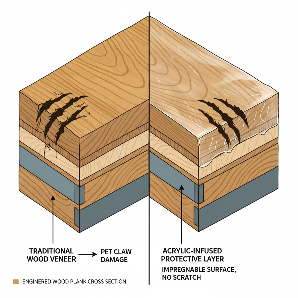 A detailed cutaway illustration of an engineered wood plank. On the left, a traditional wood veneer shows a deep, visible gouge caused by a pet's claw. On the right, the same engineered wood veneer is depicted with liquid acrylic visibly infused and hardened throughout its top layer, showing a pet's claw attempting to scratch it but leaving no mark, highlighting the impenetrable surface. The wood grain is visible and warm.