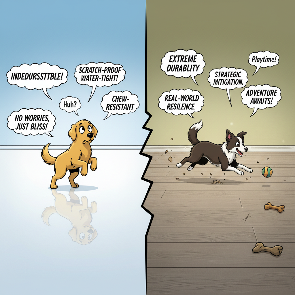 A split-panel illustration showing the myth of 'pet-proof' flooring (pristine showroom) versus the reality of 'extreme durability' (active dog on resilient floor).