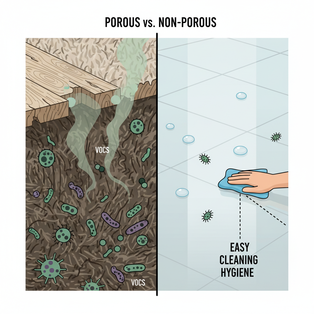 A split-screen infographic showing a porous floor (carpet/wood) trapping bacteria, mold, and dust mites with VOCs, contrasted with a pristine non-porous floor (epoxy/porcelain) where liquids bead and pathogens are easily wiped away.