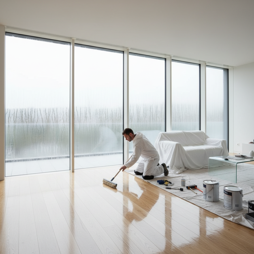 A bright, modern interior scene featuring large windows. On the windows, a subtle, transparent film is visible, deflecting or diffusing strong sunlight. On the floor below, a professional is applying a clear, protective UV-inhibiting finish to a wood floor, with a section already gleaming. The overall mood is clean, proactive, and protective.