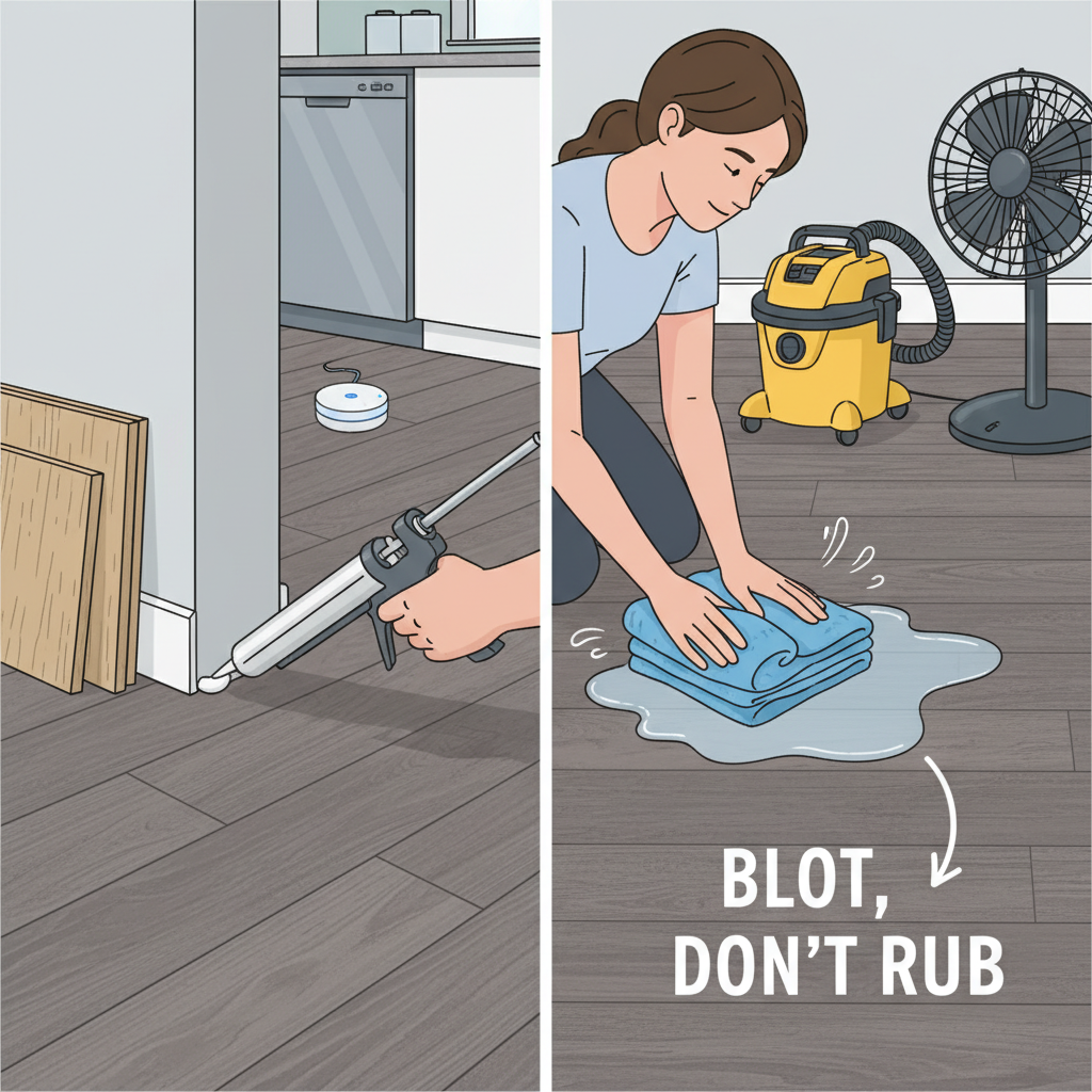 A dynamic, split-scene illustration demonstrating proactive moisture mitigation. On the left, a hand is carefully applying a bead of silicone sealant along the perimeter gap between a wall and the Adamantine flooring, before baseboards are installed. In the background, a smart leak detector is visible under a kitchen appliance. On the right, a person is rapidly blotting a liquid spill on the floor with highly absorbent microfiber towels, with a wet/dry vacuum and an oscillating fan nearby, emphasizing the 'Blot, Don't Rub' protocol and rapid drying.