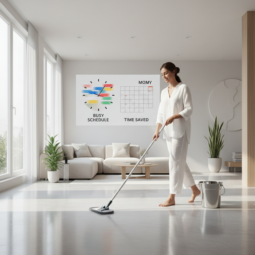 A minimalist scene of a person easily cleaning an adamantine floor with a microfiber mop, symbolizing time saved and effortless maintenance.