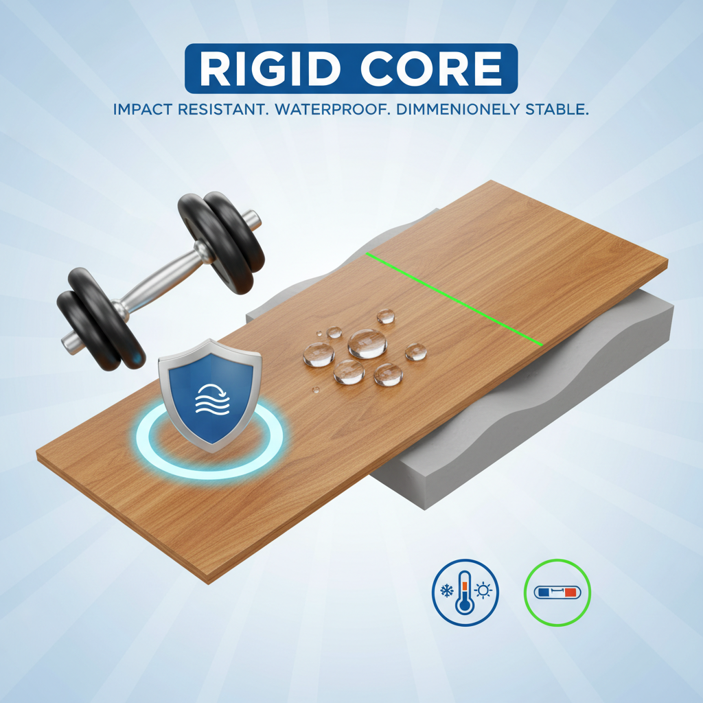 Illustration of rigid core flooring resisting dents from a dumbbell, repelling water, and maintaining flatness over an uneven subfloor, showcasing its multi-faceted durability.