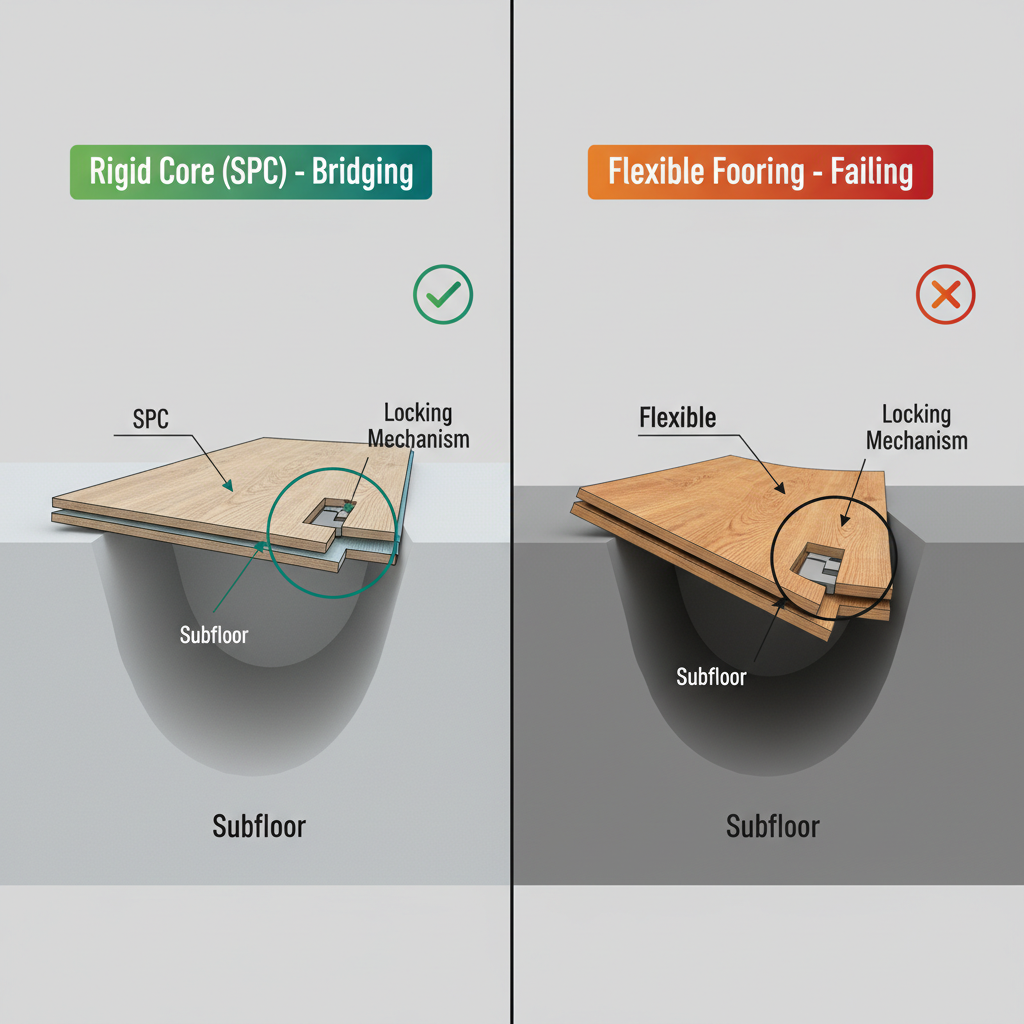 Diagram comparing rigid core (SPC) flooring successfully bridging a subfloor dip with flexible flooring failing by bending into the dip and stressing its locking mechanism.