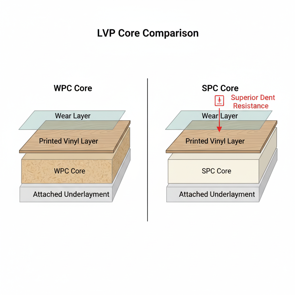 Detailed cross-section diagram comparing WPC and SPC LVP cores, highlighting the denser SPC core for superior dent resistance.