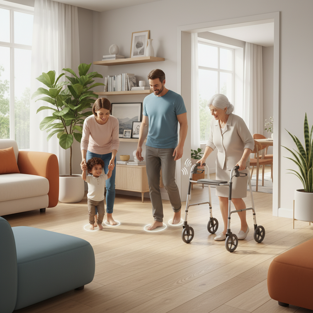 Illustration of a multi-generational family (toddler, adult, senior with walker) moving safely and comfortably on a durable, slip-resistant floor in a modern home, emphasizing stability and well-being.