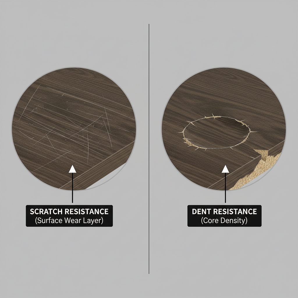 A clear, side-by-side comparison illustration. On the left panel, a close-up of a floor surface with fine, visible scratch marks on the top layer, perhaps from pet claws or dragging an object. A label clearly points to the surface, indicating 'Scratch Resistance (Surface Wear Layer)'. On the right panel, a close-up of a floor with a distinct, deeper indentation or crater, showing damage that penetrates the core material, perhaps from a dropped heavy object or a high heel. A label points to the core, indicating 'Dent Resistance (Core Density)'. The style should be realistic yet diagrammatic, emphasizing the different depths of damage.
