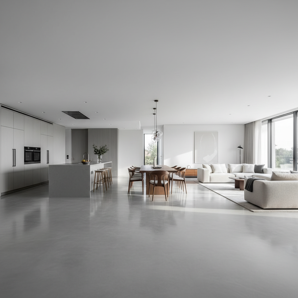 A wide-angle, luxurious interior shot of a contemporary open-concept home featuring a continuous, elegant, seamless poured floor flowing effortlessly from a modern kitchen into a dining area and living room, emphasizing visual flow and absence of joints.