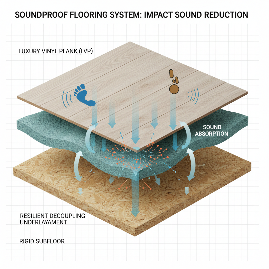 A clear, educational 3D cross-section diagram of a multi-layered soundproof flooring system. Show a top layer (e.g., LVP), a resilient decoupling underlayment (like a soft, wavy material), and a rigid subfloor beneath. Illustrate impact sound waves originating from the top layer (e.g., a falling object or footstep) hitting the resilient layer, which visibly absorbs and dissipates the energy, preventing its transfer to the subfloor. Use a clean, infographic style with subtle arrows showing sound absorption.