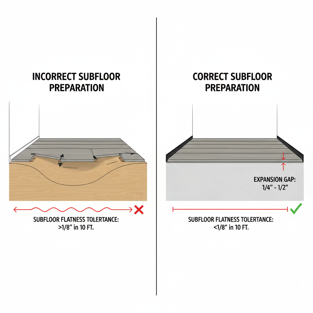 A cross-section diagram illustrating correct and incorrect subfloor preparation for rigid core flooring. On one side, show an uneven, wavy subfloor with a new flooring plank installed above it, visibly gapping or stressing at the joints. On the other side, show a perfectly flat subfloor with a new flooring plank installed correctly, demonstrating a consistent expansion gap along the wall. Include measurement lines for flatness tolerance and expansion gap. Style: technical illustration, clear and precise.