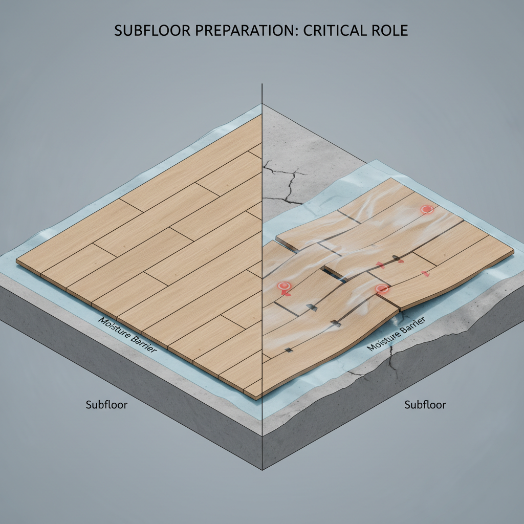 A cutaway architectural diagram illustrating the importance of subfloor preparation, showing a perfectly level subfloor with properly installed flooring versus an uneven subfloor causing visible issues like gapping and warping.
