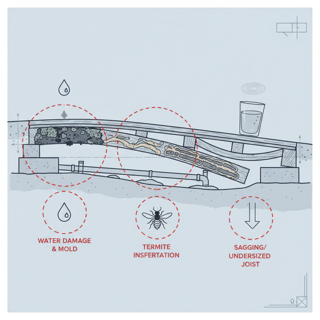 Illustrative cutaway diagram of a residential floor structure highlighting water damage, termite damage, and a sagging joist with deflection.