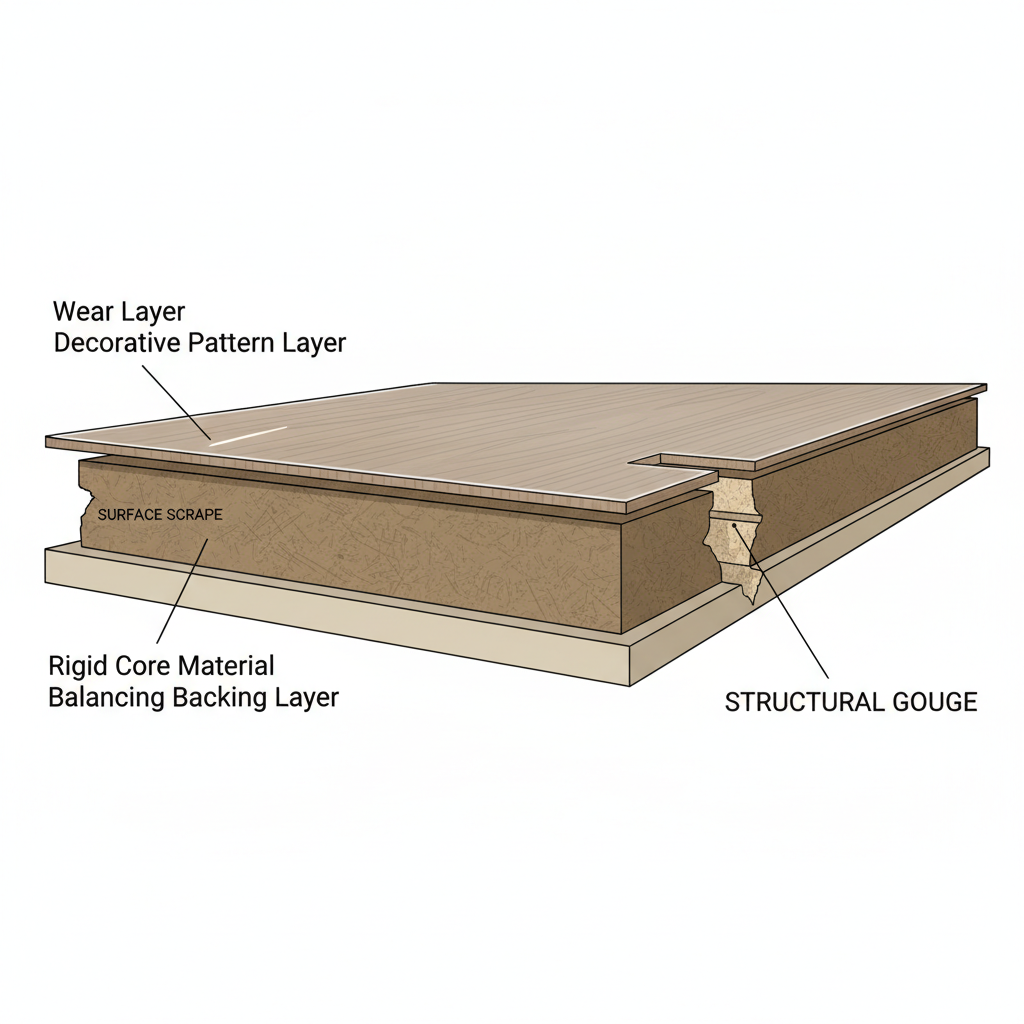 A detailed cross-section illustration of a multi-layered engineered flooring plank. On the left side, a shallow, thin scratch is visible only on the top wear layer, labeled 'Surface Scrape'. On the right side, a deep, V-shaped gouge penetrates through the wear layer and into the core material, exposing inner layers, labeled 'Structural Gouge'. Use clear, distinct layers for the flooring (e.g., transparent wear layer, decorative pattern layer, rigid core material, backing layer). Style: clean, precise technical illustration, with subtle shadows and a neutral color palette, emphasizing the depth difference.