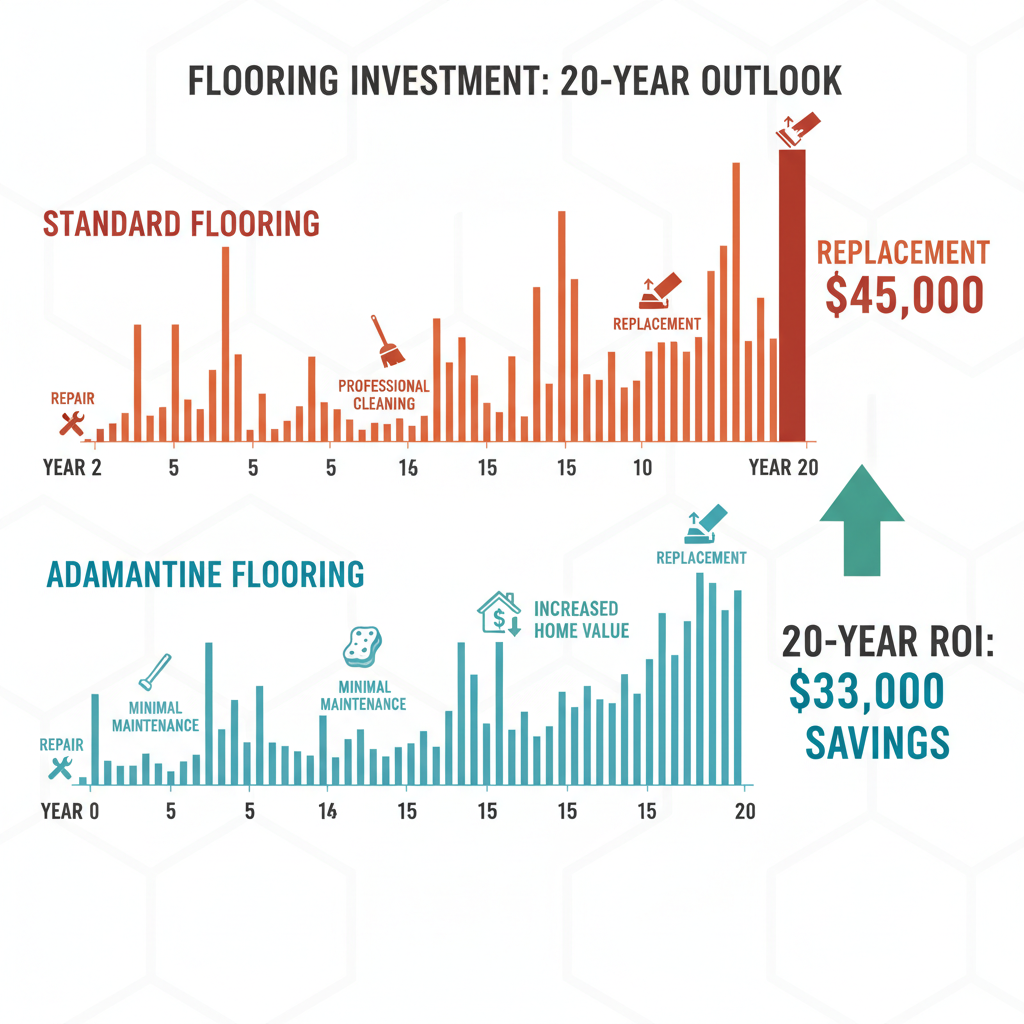 A clear, modern infographic illustrating the 20-year Return on Investment (ROI) for adamantine flooring compared to standard flooring. The image should feature two parallel timelines or bar graphs spanning 20 years. The 'Standard Flooring' timeline (perhaps in a 'costly' color like red or orange) shows frequent, significant cost spikes for replacement, repairs, and professional cleaning, resulting in a high cumulative cost. The 'Adamantine Flooring' timeline (in a 'savings' color like green or blue) shows significantly fewer and lower costs over the same period, with minimal maintenance and no replacements, resulting in a much lower cumulative cost and a clear 'Savings' or 'ROI' indicator. Include subtle icons representing maintenance, replacement, and increased home value for the adamantine option. Style: clean, financial graph aesthetic with clear labels, contrasting colors, and simple, effective iconography.