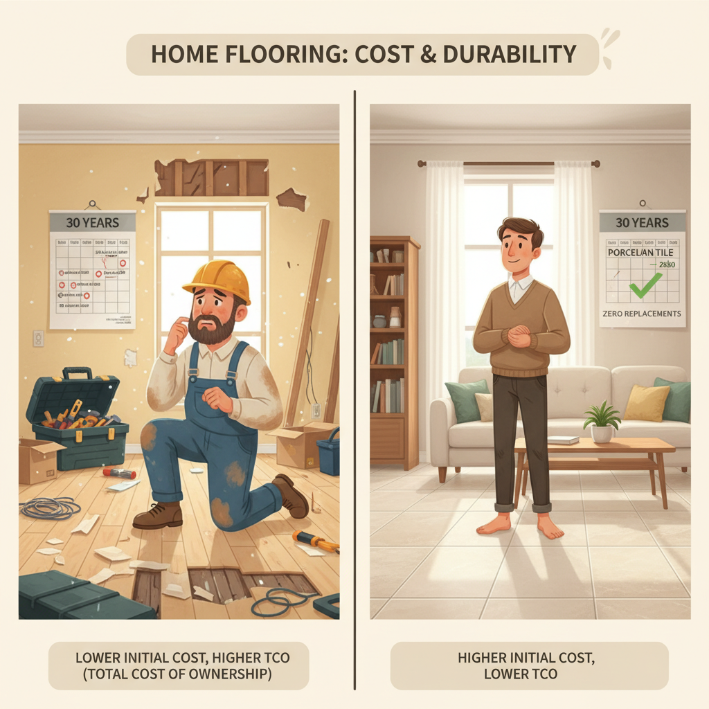 An illustration comparing the total cost of ownership over 30 years for cheap laminate/vinyl flooring (frequent replacements, higher TCO) versus adamantine porcelain tile (one-time installation, lower TCO), showing the long-term financial benefits of durable flooring.