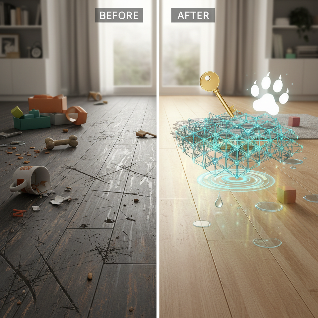 A dynamic, split-scene illustration. On the left side, a chaotic household floor with visible scratches, pet claw marks, and furniture scuffs, looking worn and damaged. On the right side, a pristine, modern engineered floor, subtly glowing, with a transparent overlay showing microscopic, tightly bonded material structures, resisting impacts from various elements (e.g., a falling key, a pet's paw). The overall mood is a contrast between frustration and relief. Style: realistic but slightly stylized, clean lines, vibrant, with a focus on material science.