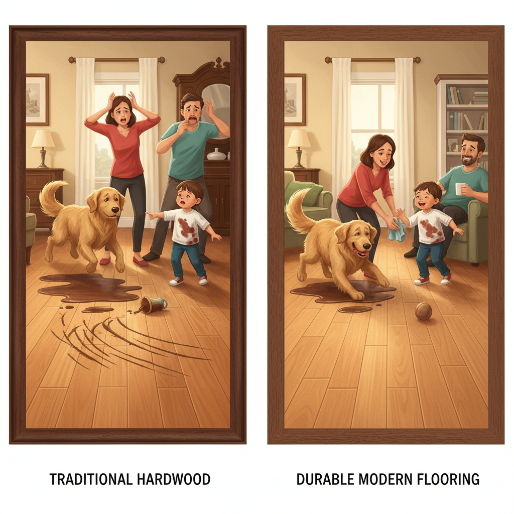 A dynamic, split-panel illustration. Left panel: a beautiful, pristine traditional hardwood floor showing visible scratches from a running dog and a spilled drink from a child, with stressed parents looking on. Right panel: the same beautiful floor, now appearing durable and unblemished, with the dog playing happily and the child's spill easily wiped away, showing relaxed, smiling parents in a modern home interior.