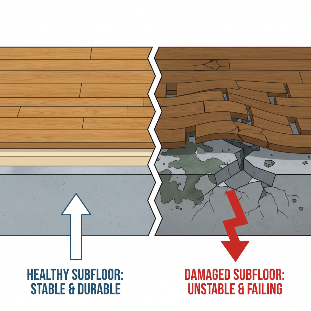 A clear, illustrative split image demonstrating subfloor conditions. The left side shows a perfectly prepared, clean, and level concrete subfloor, with a strong, smooth finished floor layer above it, symbolizing stability and longevity. The right side shows a severely compromised subfloor with visible cracks, moisture stains, and unevenness, leading to a visibly damaged, sagging, or cracked finished floor above, symbolizing structural degradation and premature failure.