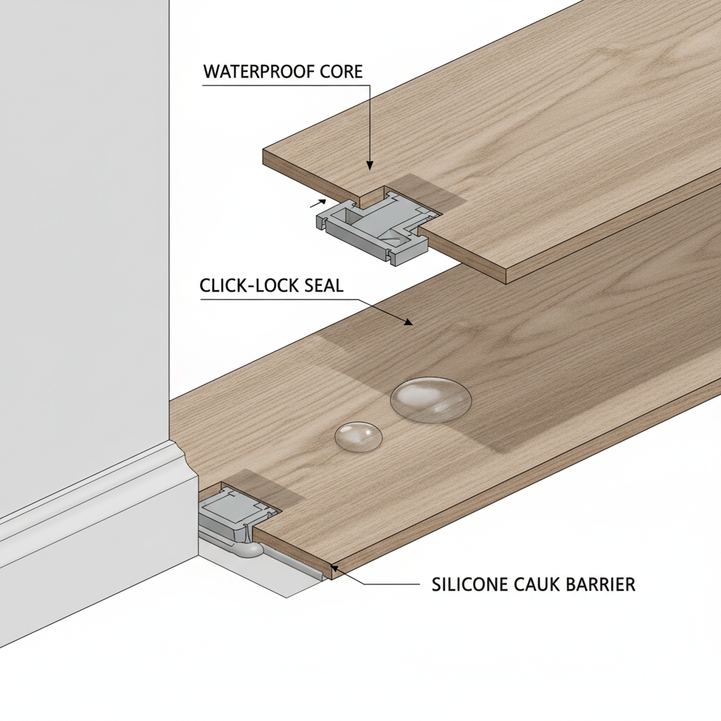 An isometric cutaway illustration of three interlocking floor planks demonstrating spill-proofing, highlighting the waterproof core, tight click-lock mechanism, and silicone caulk sealing the perimeter expansion gap. A water droplet beads on the surface.