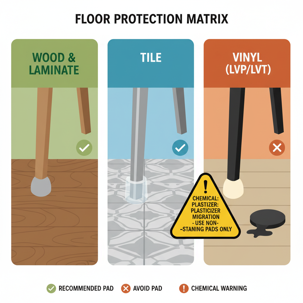 Infographic illustrating the Floor Protection Matrix, showing correct furniture pads for wood/laminate (felt), tile (silicone/rubber), and vinyl (non-staining composite) to prevent dents and chemical damage.