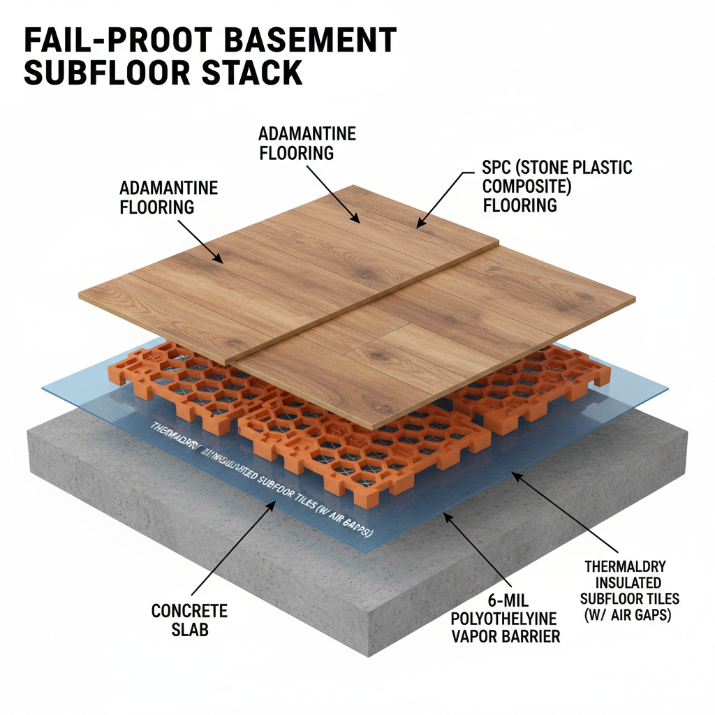 Layered diagram showing a fail-proof basement subfloor stack with concrete slab, vapor barrier/insulated tiles, and top flooring layer.