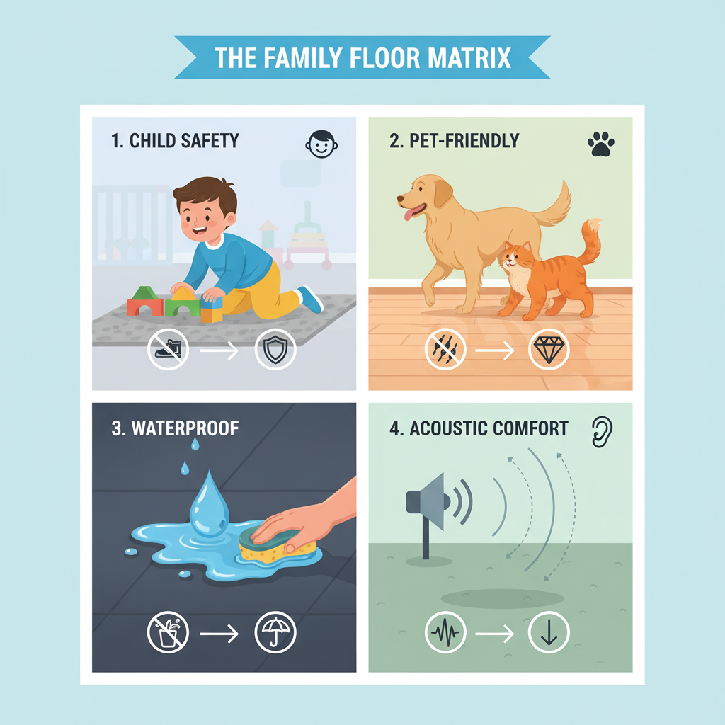 A multi-panel or quadrant infographic representing 'The Family Floor Matrix'. Each panel illustrates a key aspect: 1) A child playing safely on a non-slip surface, 2) A pet (dog or cat) walking on a floor without leaving scratches, 3) A spilled liquid beading up on a waterproof surface, and 4) Sound waves being absorbed or muffled by the floor, showing acoustic comfort. Use clear icons and subtle background imagery for each.
