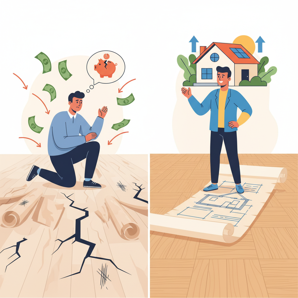 The Forever Floor Blueprint Concept A conceptual illustration showing a homeowner's journey. On one side, a person looks frustrated at a floor with peeling laminate, cracks, and scratches, surrounded by money flying away. On the other side, the same person stands confidently on a solid, modern, and pristine floor, with a blueprint scroll unfurling beneath them, leading to a stable, well-constructed home.