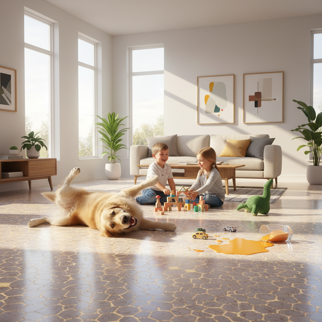 A vibrant, clean, and modern home interior scene with a durable, pristine floor. Children are playing happily with toys, a dog is playfully skidding across the floor, and a spilled glass of juice is visible but not damaging the surface. The floor itself looks indestructible, perhaps with a subtle glow or texture indicating advanced material science.