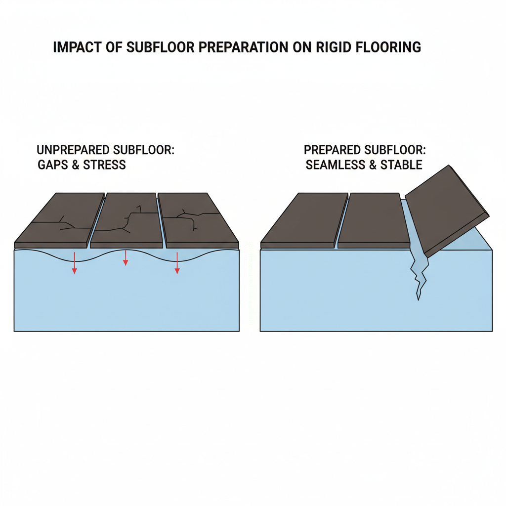 A side-by-side comparison illustrating the impact of subfloor preparation: an uneven subfloor causing buckling planks on the left, versus a perfectly level subfloor with seamless, stable planks on the right.
