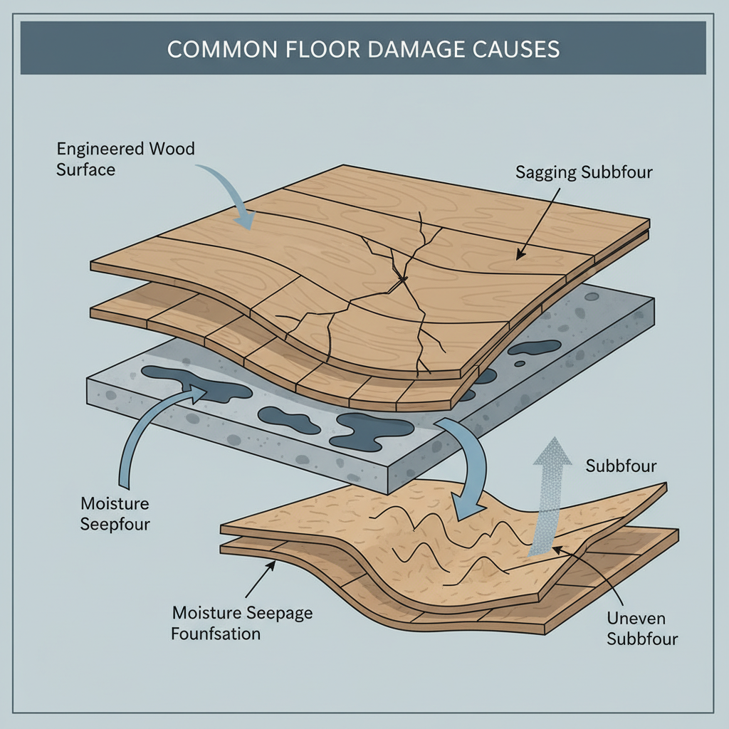 A detailed cross-section illustration of a home's floor, showing a beautiful surface floor (e.g., tile or engineered wood) with visible cracks or buckling. Below the surface, illustrate common hidden causes: a visibly sagging or deflecting wooden subfloor, moisture seeping up from a concrete slab, and an uneven or wavy subfloor. Use subtle arrows or visual cues to connect these subsurface issues directly to the surface damage. Style: clean, technical illustration with clear labels or icons for each issue, slightly muted color palette.