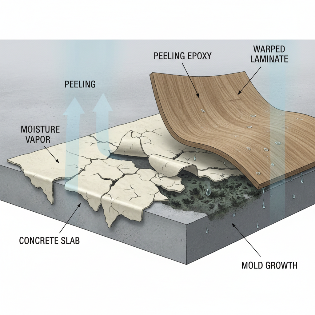 A cross-section illustration showing invisible moisture vapor rising through a concrete slab, condensing under a peeling epoxy floor, and causing mold under warped laminate.