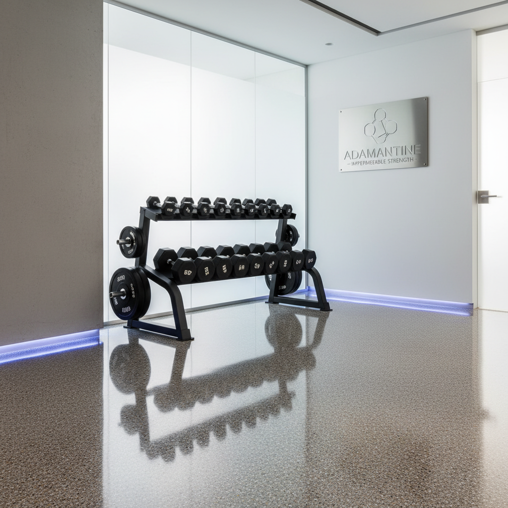 A modern basement with a high-gloss Adamantine floor, showcasing its seamless, durable finish under heavy gym equipment, with a subtle glow indicating its deep chemical bond and waterproof nature.