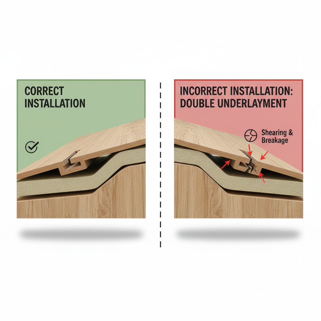 Diagram illustrating the danger of double underlayment, showing a correct installation with single underlayment versus an incorrect installation where double underlayment causes plank joints to shear.
