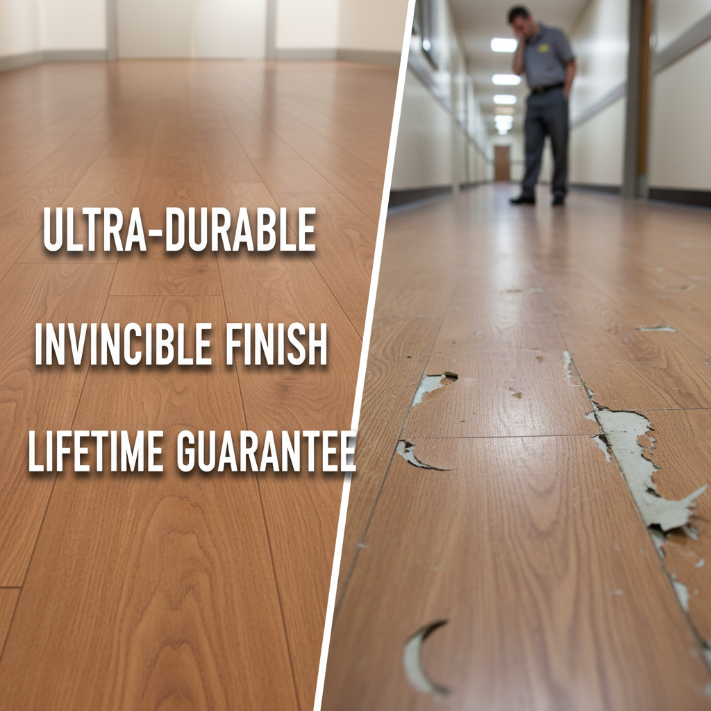 The Reality of Chipped Flooring A split image contrasting a pristine, marketing-brochure floor with a real-world high-traffic floor showing chips, peeling, and separation at the edges.
