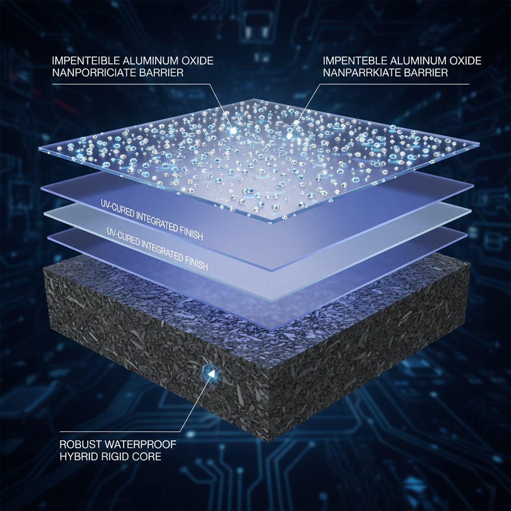 A highly detailed, magnified cross-section diagram of Adamantine flooring. Clearly show a dense, multi-layered structure. The bottom layer is a robust, waterproof hybrid rigid core. Above it, multiple transparent layers represent the UV-cured finish, deeply integrated into the material. The very top layer should prominently feature sparkling, microscopic aluminum oxide nanoparticles embedded within, like tiny, hard gems, forming an impenetrable barrier.