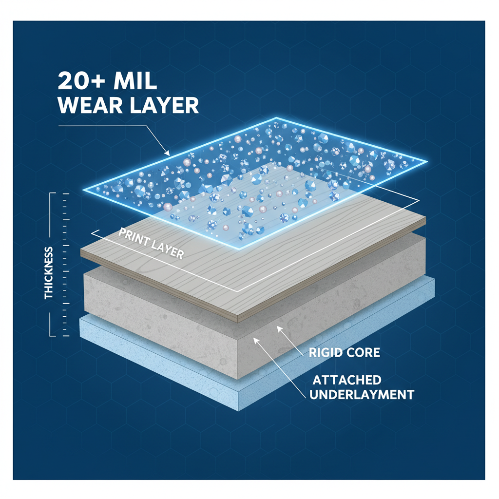 Magnified cross-section of a rigid core flooring plank, highlighting the thick '20+ Mil Wear Layer' with embedded aluminum oxide crystals and ceramic beads, labeled with other layers.