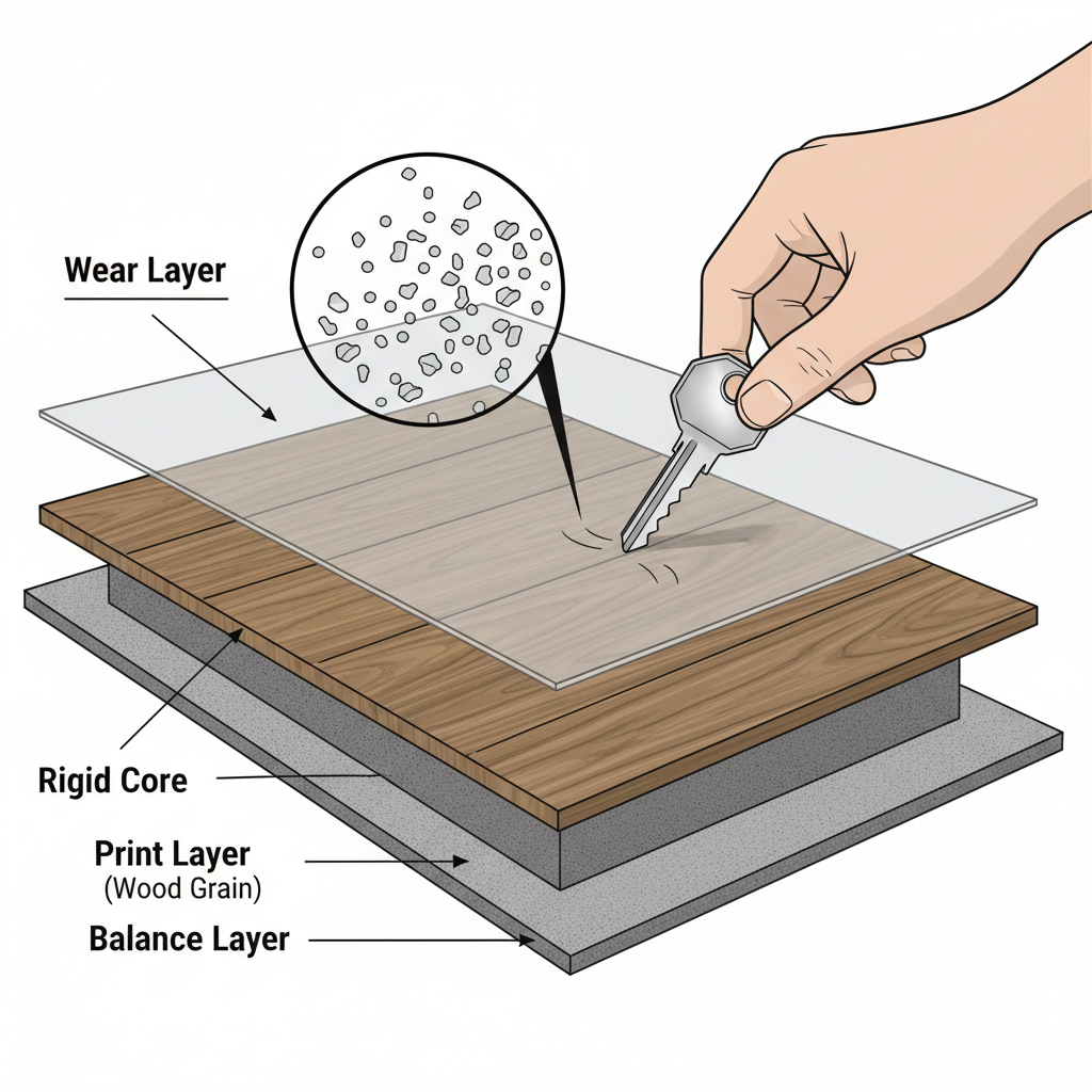 A detailed cross-section illustration of a multi-layered durable flooring plank (e.g., LVT or laminate). The top layer, clearly labeled 'Wear Layer', is transparent and shows microscopic aluminum oxide particles embedded within it. A human hand is gently pressing a house key against the surface of the wear layer, demonstrating a 'scratch test' where the key's tip is visibly deflecting or sliding without leaving a mark. Style: technical illustration, clean lines, informative.