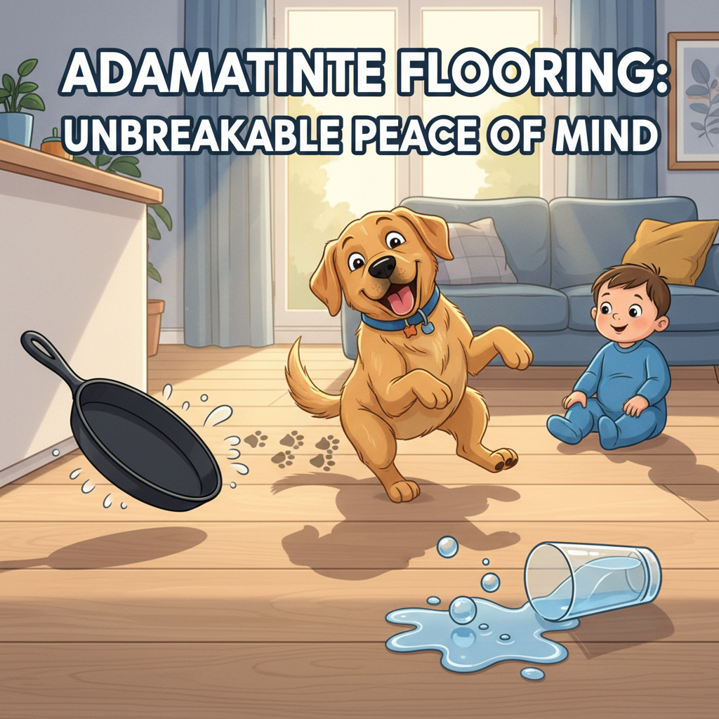 A vibrant illustration of a 'torture test' for durable flooring, showing a large dog skidding without scratches, a cast iron pan fallen without denting, and spilled water beading on the surface, emphasizing resilience.