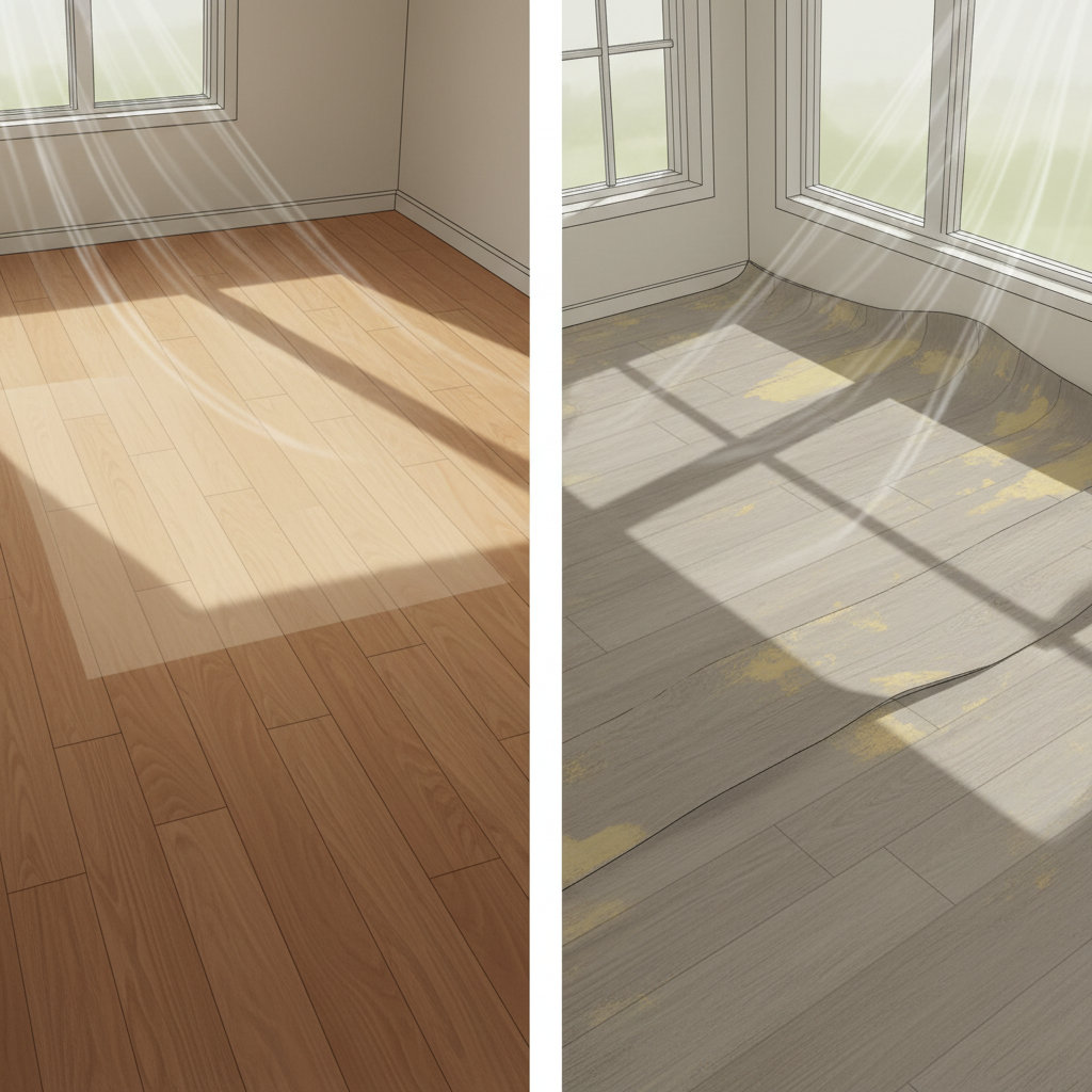 A split-panel illustration depicting the effects of sun damage on different flooring types. On the left, a natural hardwood floor shows a distinct 'rug line,' with the exposed area visibly bleached and faded compared to the covered section. On the right, a luxury vinyl plank (LVP) floor in a sunroom exhibits noticeable yellowing and slight warping. Strong, bright sunlight streams into both scenes, subtly highlighting the UV rays.