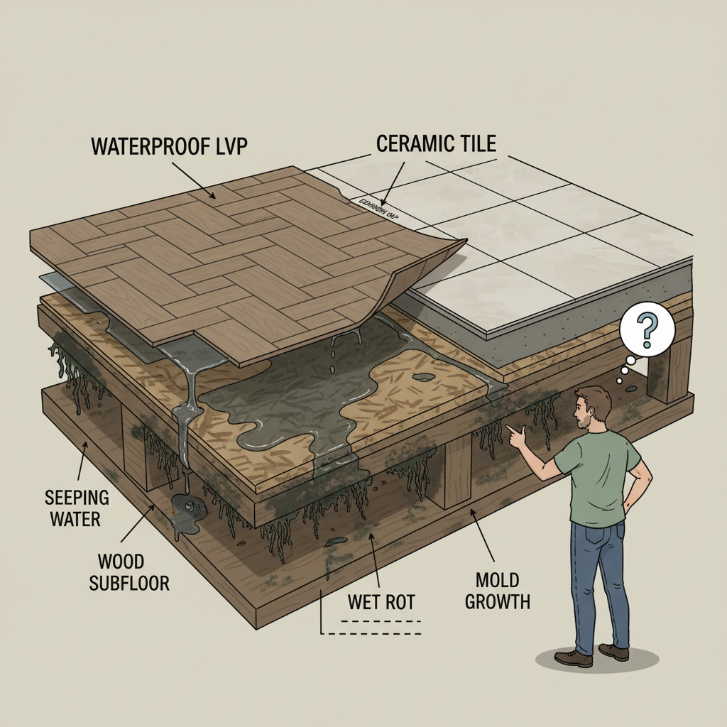 A detailed, cutaway illustration of a residential floor. On the left, a section of 'waterproof' luxury vinyl plank (LVP) or ceramic tile flooring appears to be intact on the surface, but beneath it, water is visibly seeping through expansion gaps and seams, causing dark, wet rot and fuzzy mold growth on the exposed wood subfloor. On the right, a homeowner looks confused or frustrated, pointing at the seemingly fine surface while unaware of the hidden damage.