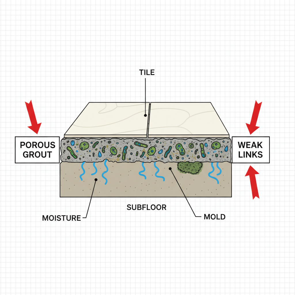 A cross-section illustration of a tiled floor showing pristine tile, but porous and discolored grout trapping bacteria and moisture, with subfloor moisture wicking upwards causing mold growth beneath the tile.