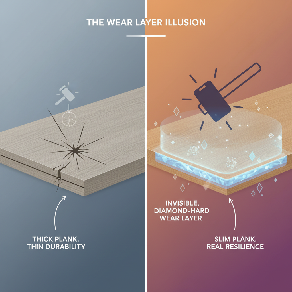 The Wear Layer Illusion Debunked A dynamic split image illustrating the 'Wear Layer Illusion'. On the left, a thick, generic floor plank is shown with visible, deep scratches from a light impact, emphasizing its superficial durability. On the right, a slightly thinner plank with an invisible, glowing, diamond-hard wear layer deflects a much heavier impact without a mark, symbolizing true resilience. Style: modern, clean infographic illustration with subtle scientific elements and a vibrant color contrast between the two scenarios.