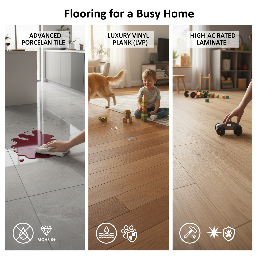 A dynamic, split-panel illustration showcasing three distinct flooring types. Panel 1: Advanced Porcelain Tile, with a spilled red wine pooling on its surface, easily wiped away, emphasizing stain resistance and high Mohs hardness. Panel 2: Luxury Vinyl Plank (LVP), with a child playing and a pet running, highlighting its waterproof, softer underfoot feel and dent resistance. Panel 3: High-AC Rated Laminate, with a dropped toy or heavy object, showing its superior dent and scratch resistance compared to natural hardwood. Each panel should have subtle icons representing its key benefit.