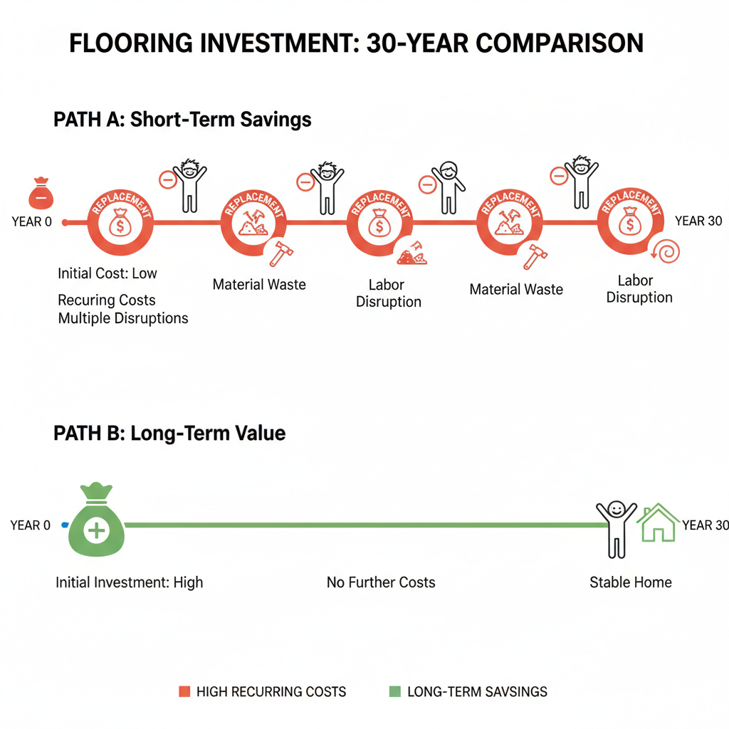 Total Cost of Ownership Comparison An infographic-style illustration comparing two timelines or paths for flooring investment over a 30-year period. Path A (top): shows a lower initial cost, but then multiple recurring 'replacement' events with associated costs (represented by money bags with minus signs, and frustrated stick figures). Path B (bottom): shows a higher initial investment (one larger money bag with a plus sign), followed by a long, smooth timeline with no further costs or disruptions, leading to a happy stick figure and a stable home icon. Include small icons representing disruption, labor, and material waste for Path A. Style: clean, minimalist infographic, using contrasting colors (e.g., red for high recurring costs, green for long-term savings) to clearly differentiate the two paths.
