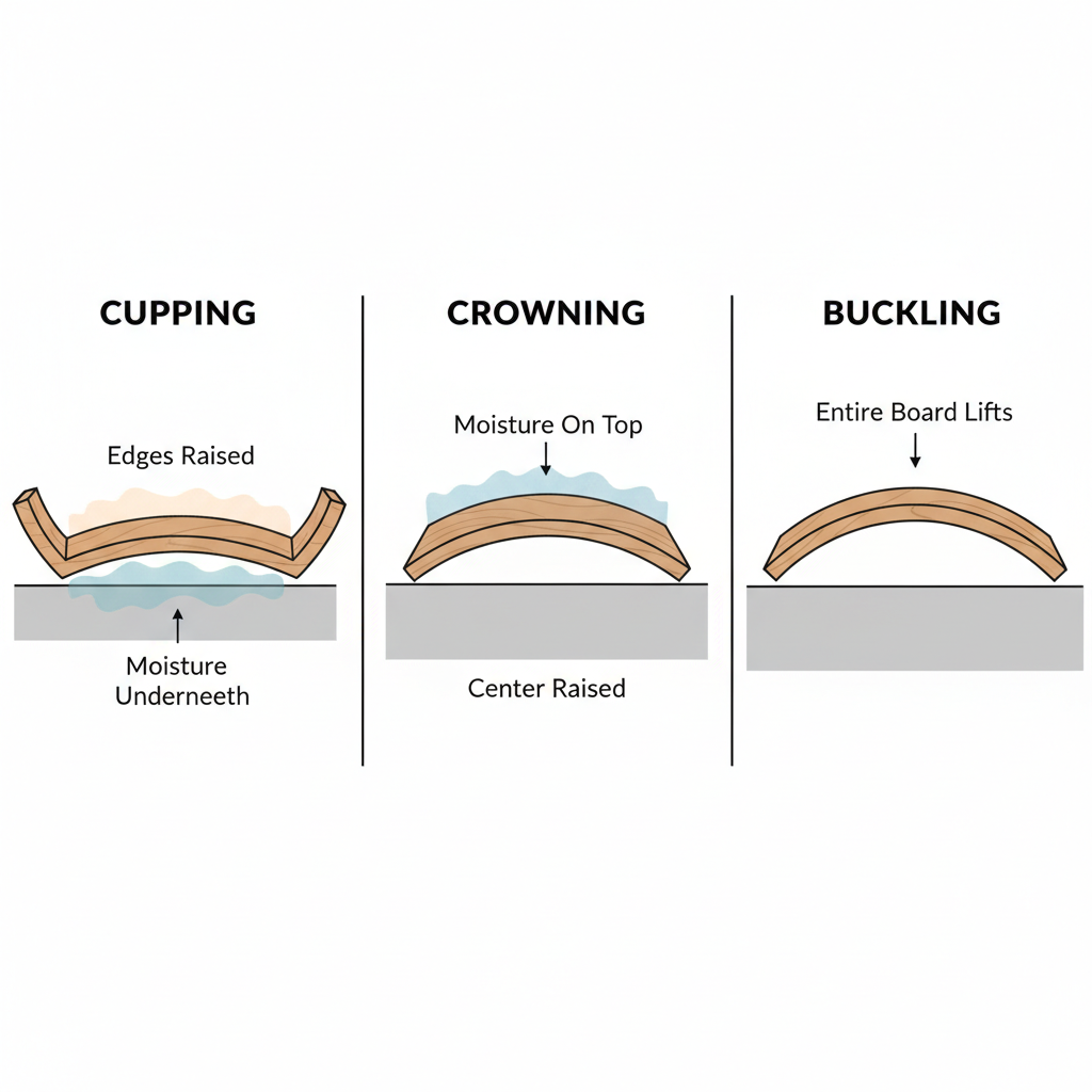 A clear, side-by-side diagram illustrating three types of warped floorboards: Cupping, Crowning, and Buckling. Each diagram should show a cross-section of a floorboard. For Cupping, depict the edges raised with moisture underneath. For Crowning, show the center raised with moisture on top. For Buckling, illustrate the entire board lifting significantly from the subfloor. Use simple, clean lines and subtle color differences to highlight the warping.
